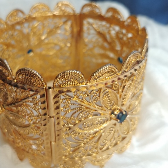 Gold Cuff/Bangle with Blue Crystal - Picture 3 of 6